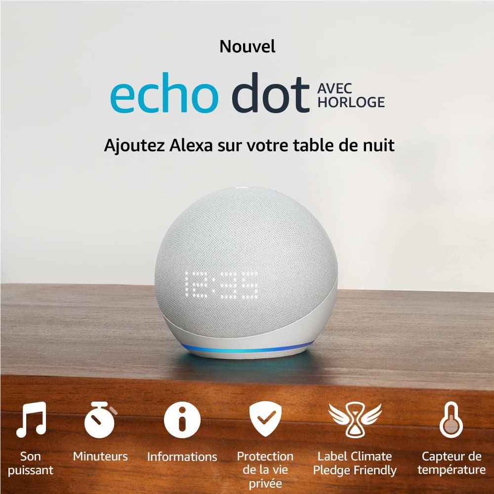 Nouvel Echo Dot (5e génération, modèle 2022) avec horloge |Enceinte  connectée avec horloge et Alexa