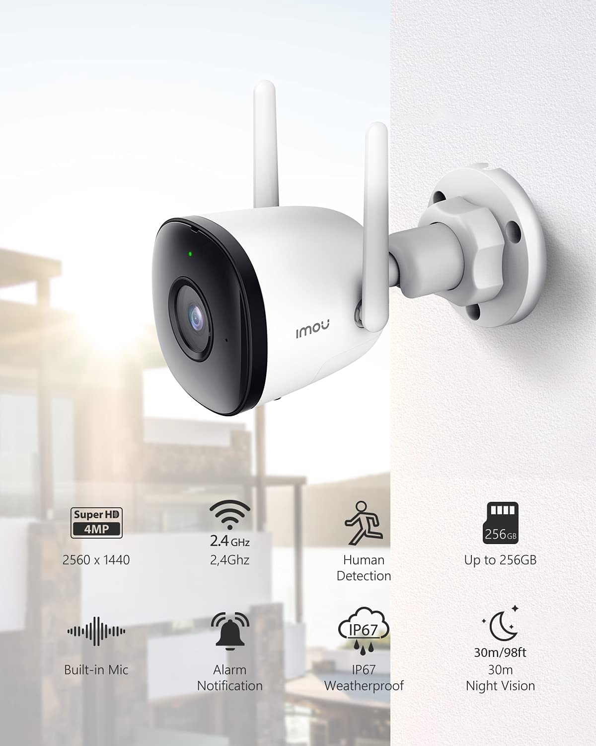 Imou Caméra de Surveillance WiFi Extérieure, 1080P Caméra IP WiFi Extérieure  Étanche IP67 avec Vision Nocturne de 30m, Détection de Mouvement AI,  Compatible avec Alexa Google Home (Bullet 2C) : : High-tech